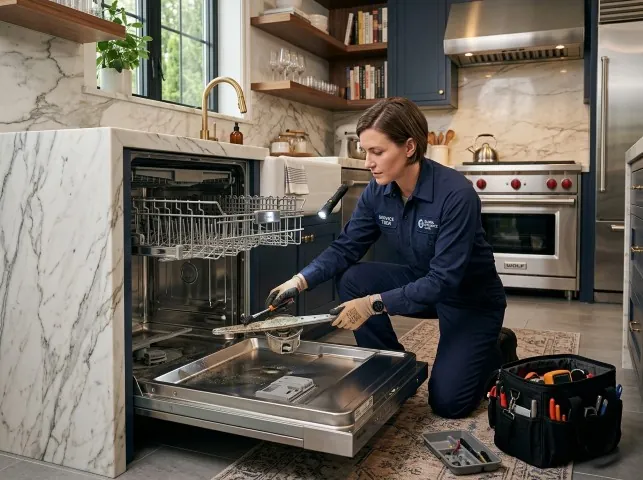Appliance Repair Hero technician servicing a built-in dishwasher in a Annandale, NJ kitchen