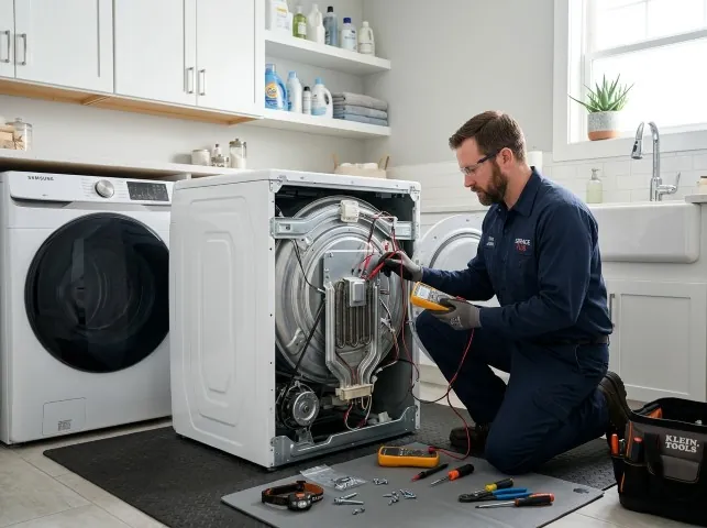 Appliance Repair Hero technician checking a dryer heating element with the rear panel off in Annandale, NJ
