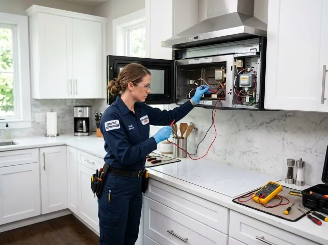Appliance Repair Hero technician testing an over-the-range microwave in a Annandale, NJ kitchen