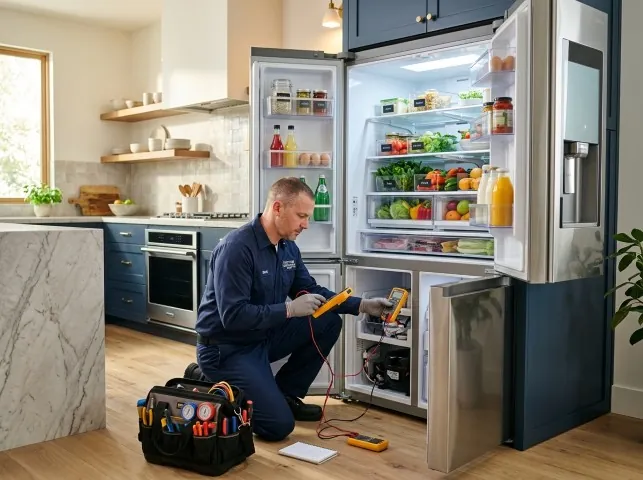 Appliance Repair Hero refrigerator technician testing a fridge on a Annandale, NJ service call