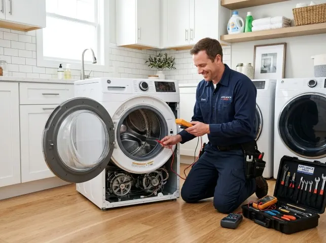 Appliance Repair Hero technician testing a front-load washer with a multimeter on a Annandale, NJ service call